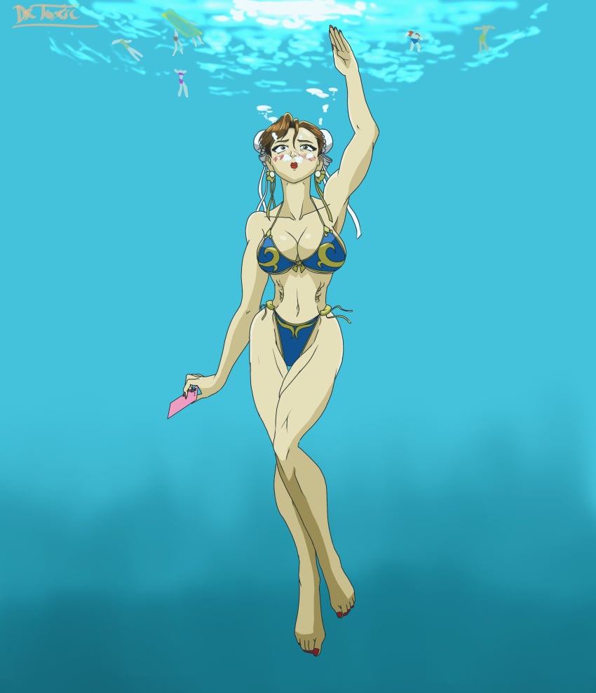 1girls air_bubbles big_breasts bikini capcom chun-li female female_only freediving fully_clothed human imdrtoxic lipstick ocean sea solo solo_focus street_fighter swimming underwater water