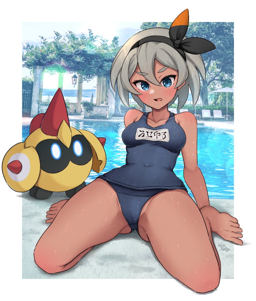 1girls bea_(pokemon) blue_eyes blue_one-piece_swimsuit blue_swimsuit breasts covered_navel falinks grey_hair hairband looking_at_viewer medium_breasts nintendo one_piece_swimsuit outside pokémon_(species) pokemon pokemon_ss pool school_swimsuit short_hair sky swimsuit tan tan-skinned_female tan_body tan_skin tanned tanned_skin trees wata_ridley water