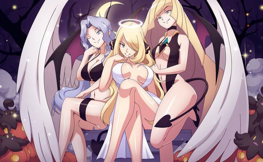 3girls aether_foundation ambiguous_gender ass being_watched big_breasts bikini breasts breasts_apart champion cleavage cynthia_(pokemon) dmy-gfx elite_four female female_only ghost halloween halo harem human karen_(pokemon) large_breasts long_hair looking_at_viewer lusamine_(pokemon) multiple_females multiple_girls mutual_yuri nintendo plant pokemon pokemon_bw pokemon_champion pokemon_dppt pokemon_gsc pokemon_hgss pokemon_sm pumpkaboo pumpkin scott_bennett size_difference swimsuit text vivivoovoo wings yuri