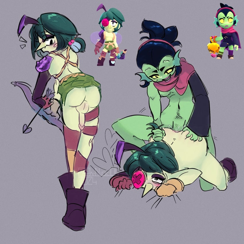 1boy 1futa all_fours anal angelo_(brawl_stars) antennae archer arrow_(projectile) balls bent_over black_hair boots bow_(weapon) brawl_stars breasts clothed clothing erection eyeshadow femdom futa_on_male futadom futanari green_hair green_skin half_naked humanoid humanoid_penis loincloth male male_penetrated mostly_nude nude oobs4breakfast penis pointy_nose ponytail sex shoes shoulder_armor slutty_clothing slutty_outfit submissive_male thigh_strap thighs twink willow_(brawl_stars) wings