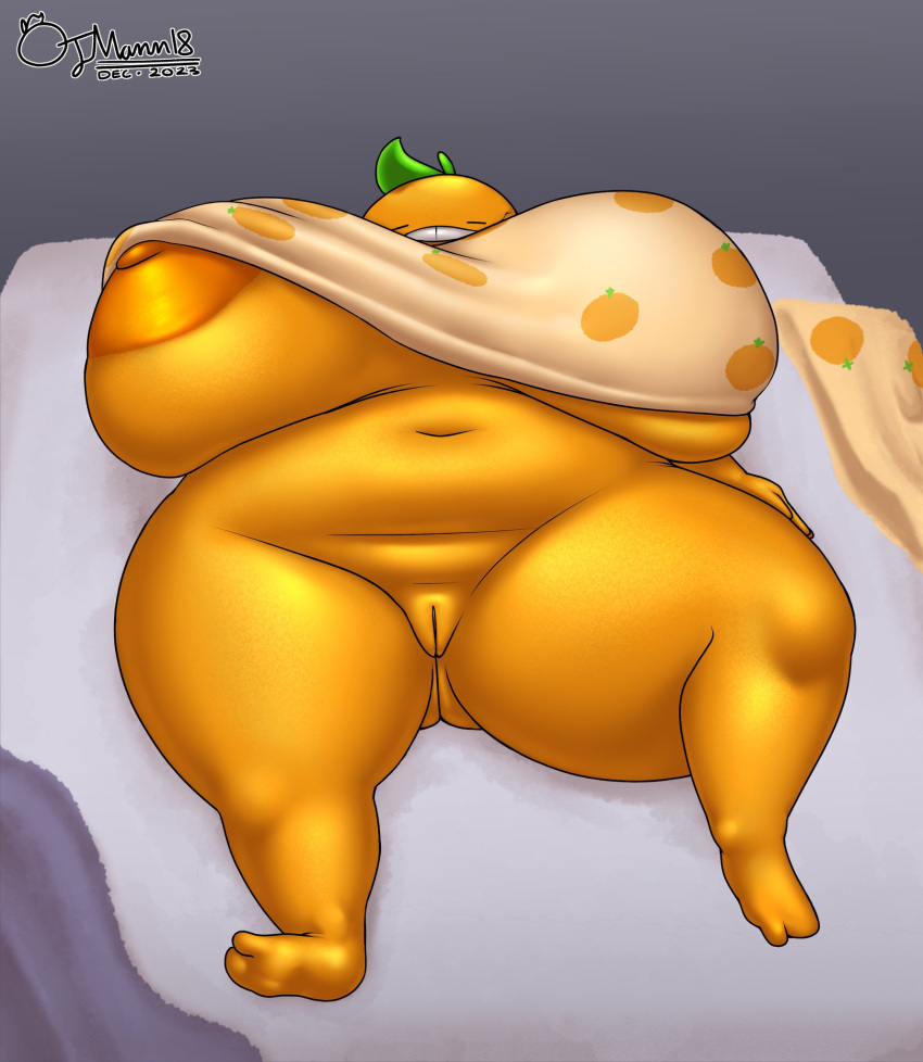 1female 2d 2d_(artwork) artist_signature better_version_at_source citrus_(orangejuicemann) digital_drawing_(artwork) digital_media_(artwork) large_breasts large_thighs mostly_nude nipple orange_body orangejuicemann sleeping sleeping_mostly_nude slightly_chubby topwear twitter_sample vagina