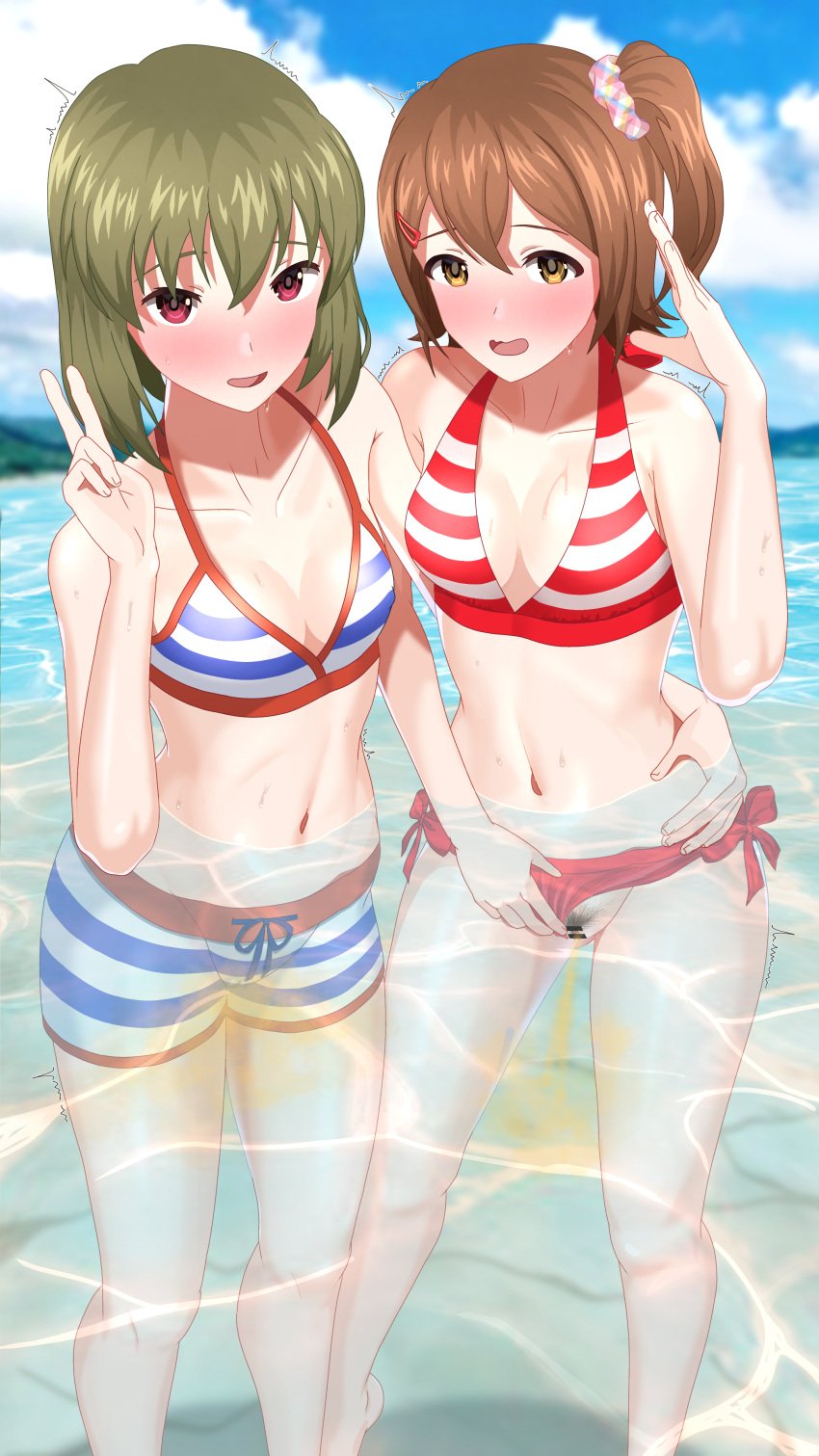 2girls bar_censor bikini cameltoe green_hair hi_res idolmaster_million_live! japanese_text kasuga_mirai nagayoshi_subaru peeing peeing_together peeing_underwater pubic_hair pussy reupload swim_pants swim_trunks swimming_trunks swimsuit swimwear toritori_miri trunks two-piece_swimsuit urinating urinating_female urination urine urine_pool urine_stream water