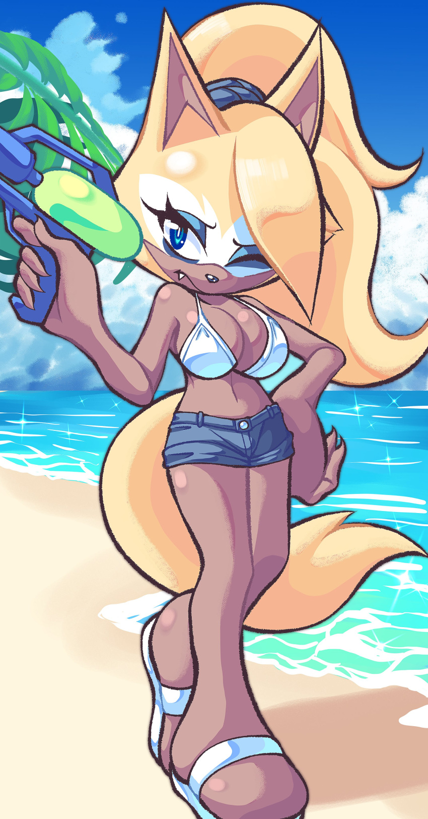 1girls anthro areolae beach blob_feet blonde_hair blue_eyes breasts brown_fur brown_skin claws denim denim_shorts featureless_feet feet female female_only furry furry_only hi_res nan0lovesyou navel no_toes ocean one_eye_closed outdoors ponytail sandals seaside sega solo solo_female sonic_(series) sonic_the_hedgehog_(comics) sonic_the_hedgehog_(idw) sonic_the_hedgehog_(series) tanned_skin tied_hair toeless_feet water_gun whisper_the_wolf white_bikini white_bikini_top white_bra