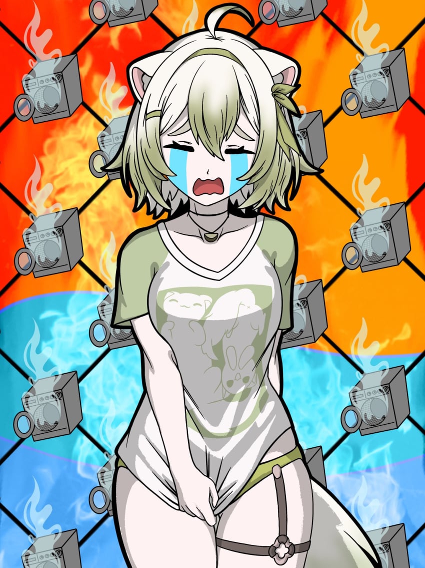 1girls animal_ears breasts female ferret ferret_girl green_eyes green_highlights laimu lime multicolored_hair solo vinesauce virtual_youtuber wardrobe_malfunction white_hair