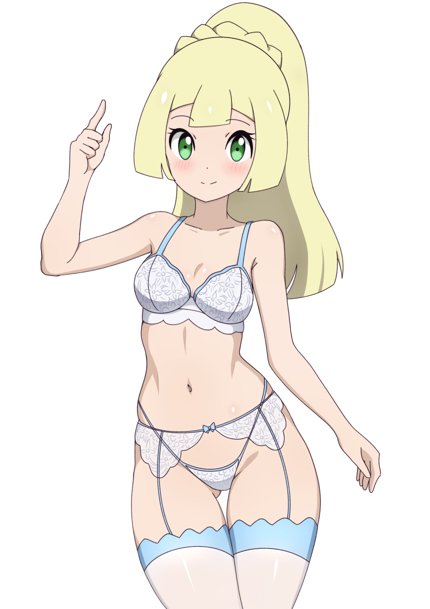 1girls blonde_hair blonde_hair_female breasts female green_eyes lillie_(pokemon) mnkr98 pale-skinned_female pale_skin pinup pokemon pokemon_sm small_breasts solo stockings thighs white_lingerie white_stockings wide_hips