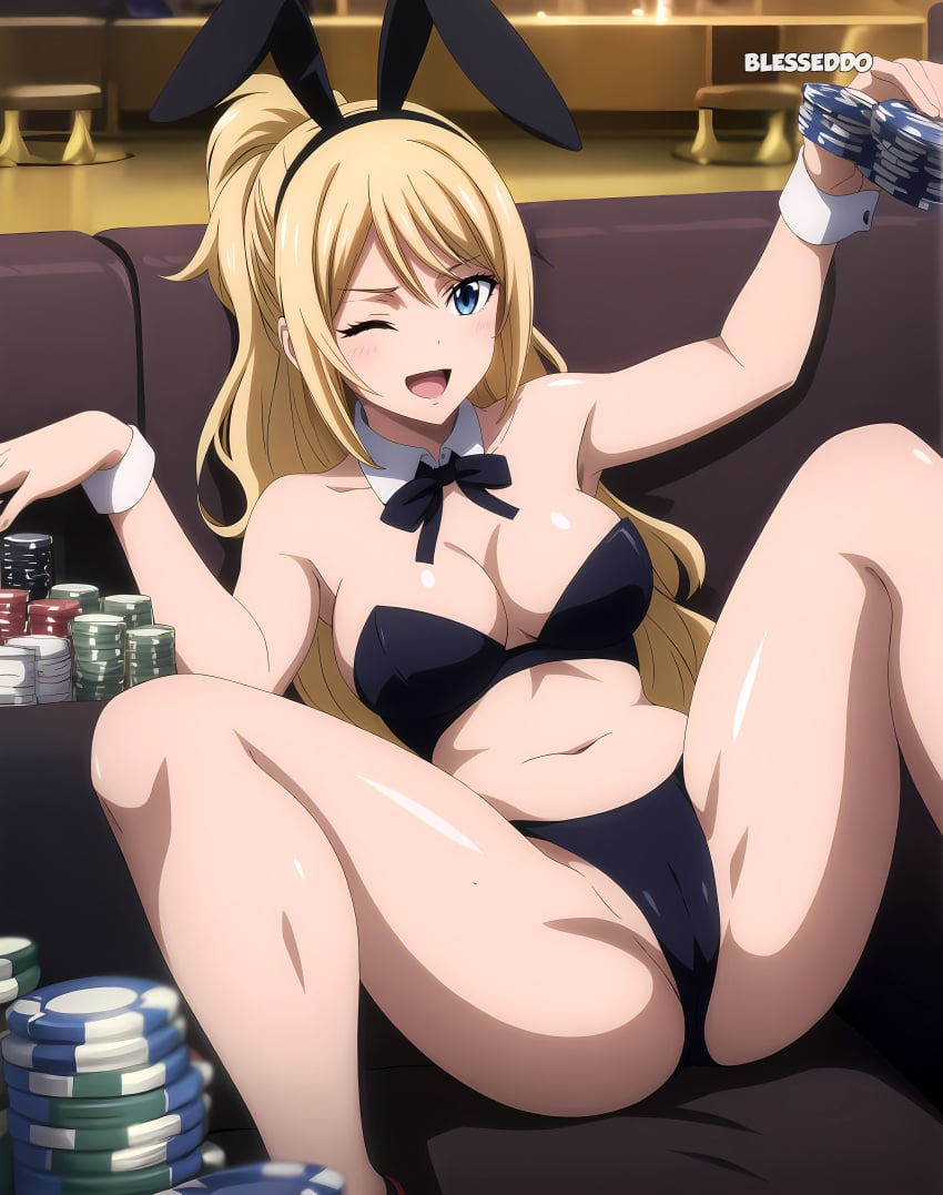 1girls ai_generated blesseddo blonde_hair blue_eyes boob_window bunny_ears cleavage fairy_tail jenny_realight legs_apart long_hair looking_at_viewer ponytail solo