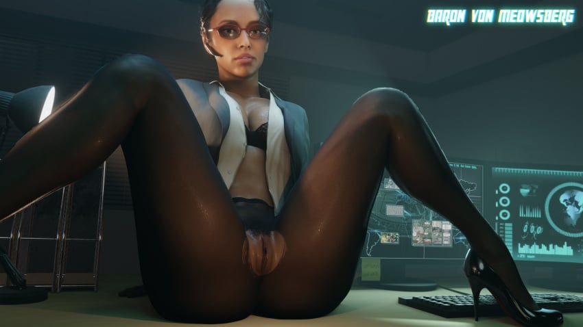 3d baron_von_meowsberg blazer bra busty capcom cleavage crotchless crotchless_pantyhose dark-skinned_female dark_skin female female_focus glasses high_heels hourglass_figure ingrid_hunnigan keyboard labia looking_at_viewer office_lady pantyhose pubes pubic_hair pussy resident_evil resident_evil_4 resident_evil_4_remake solo spread_legs tagme torn_pantyhose vagina wide_hips