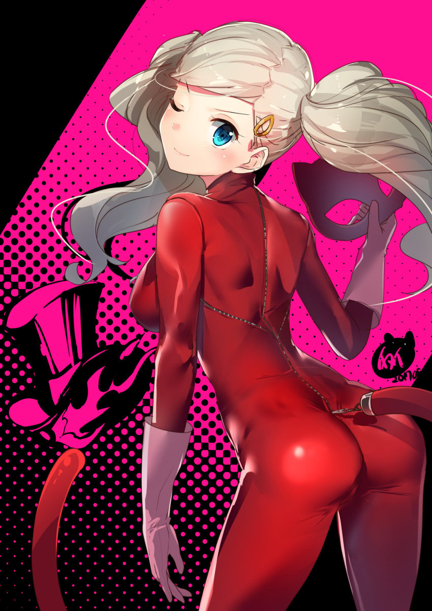 10s ann_takamaki ass blonde_hair blue_eyes bodycon bodysuit cat_tail clothing commentary_request female from_behind gloves hair_ornament highres human long_hair looking_at_viewer looking_back mask one_eye_closed pale_skin persona persona_5 phantom_thief_suit red_bodysuit smile solo tail twintails unworn_mask white_gloves yamacchi
