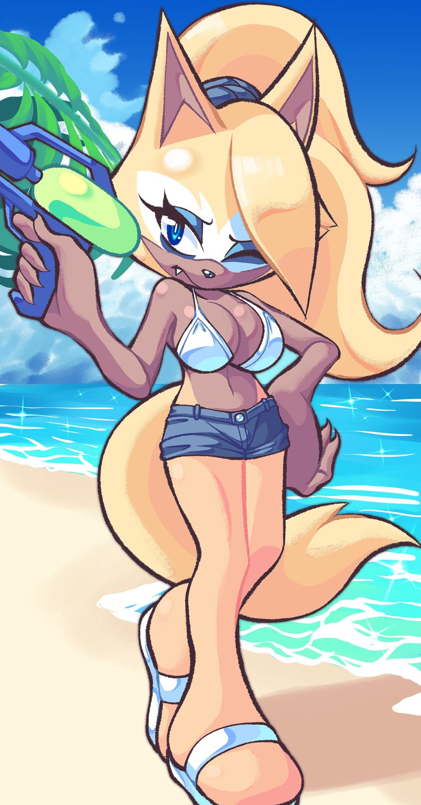 1girls anthro areolae beach blob_feet blonde_hair blue_eyes breasts brown_fur brown_skin claws denim denim_shorts featureless_feet feet female female_only furry furry_only hi_res nan0lovesyou navel no_toes ocean one_eye_closed outdoors ponytail sandals seaside sega solo solo_female sonic_(series) sonic_the_hedgehog_(comics) sonic_the_hedgehog_(idw) sonic_the_hedgehog_(series) tanned_skin third-party_edit tied_hair toeless_feet water_gun whisper_the_wolf white_bikini white_bikini_top white_bra yellow_fur yellow_legs