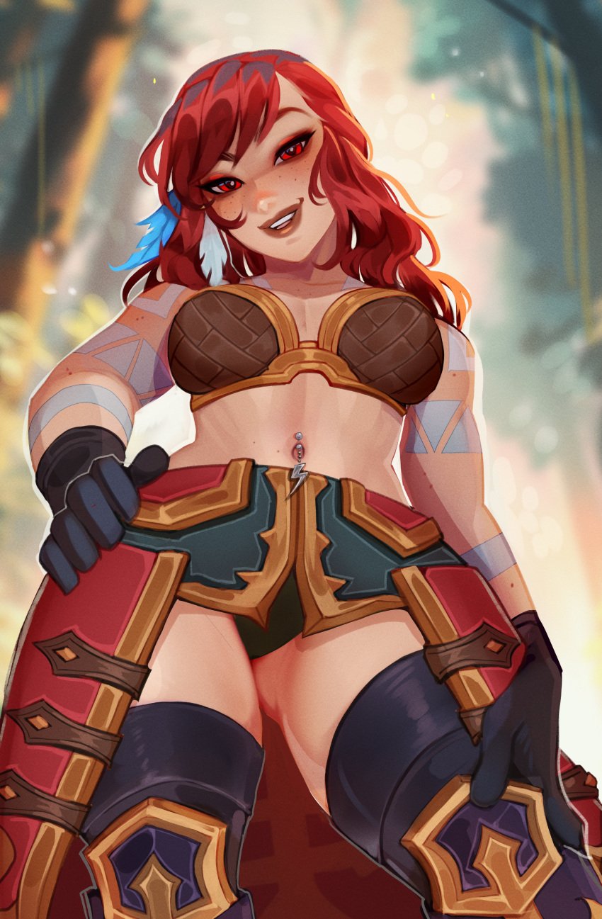 1girls absurd_res armor black_legwear bra dwarf dwarf_female feather_in_hair female female_only freckles gloves hand_on_hip legwear long_hair looking_at_viewer maewix1 navel_piercing red_eyes red_hair smiling smiling_at_viewer solo tattoo