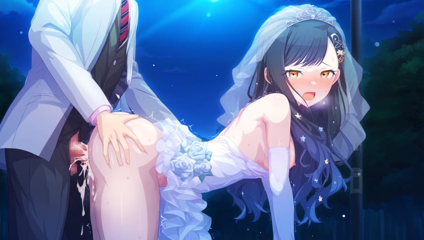 ai_generated blue_hair cum_in_pussy dress moaning night orange_eyes project_sekai shiraishi_an wedding wedding_dress wedding_night wedding_suit