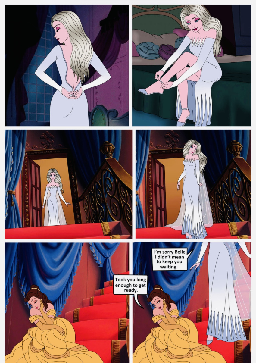 2girls beauty_and_the_beast belle brown_hair comic disney disney_princess dress elsa_(frozen) english_text frozen frozen_(film) long_dress long_hair multiple_girls serisabibi staircase