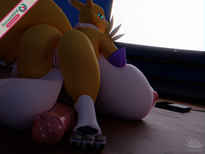 3d 4:3 animal_genitalia anthro balls bandai_namco big_breasts big_penis breast_rest breasts breasts_on_ground canid canine digimon digimon_(species) electronics equine_genitalia fox futa_mommy_renamon game_console genitals gynomorph hi_res huge_breasts huge_cock hyper hyper_breasts hyper_genitalia hyper_penis intersex looking_back mammal on_ground penis pussy renamon sintronic solo television