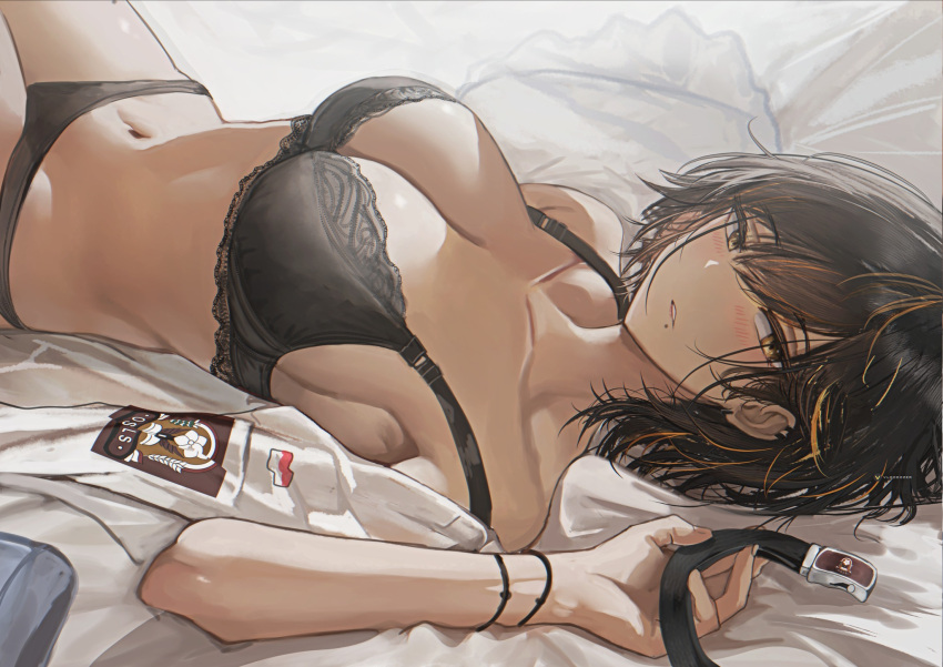 arm_up before_sex belly_button big_breasts black_hair bra ear_piercing febri_aryani_(vloodozer) lingerie lingerie_only looking_at_viewer lying lying_on_back open_shirt original original_character school_uniform schoolgirl schoolgirl_uniform shirt_down shirt_lift shirt_open short_hair slim_waist teenager two_tone_hair vloodozer yellow_body yellow_hair