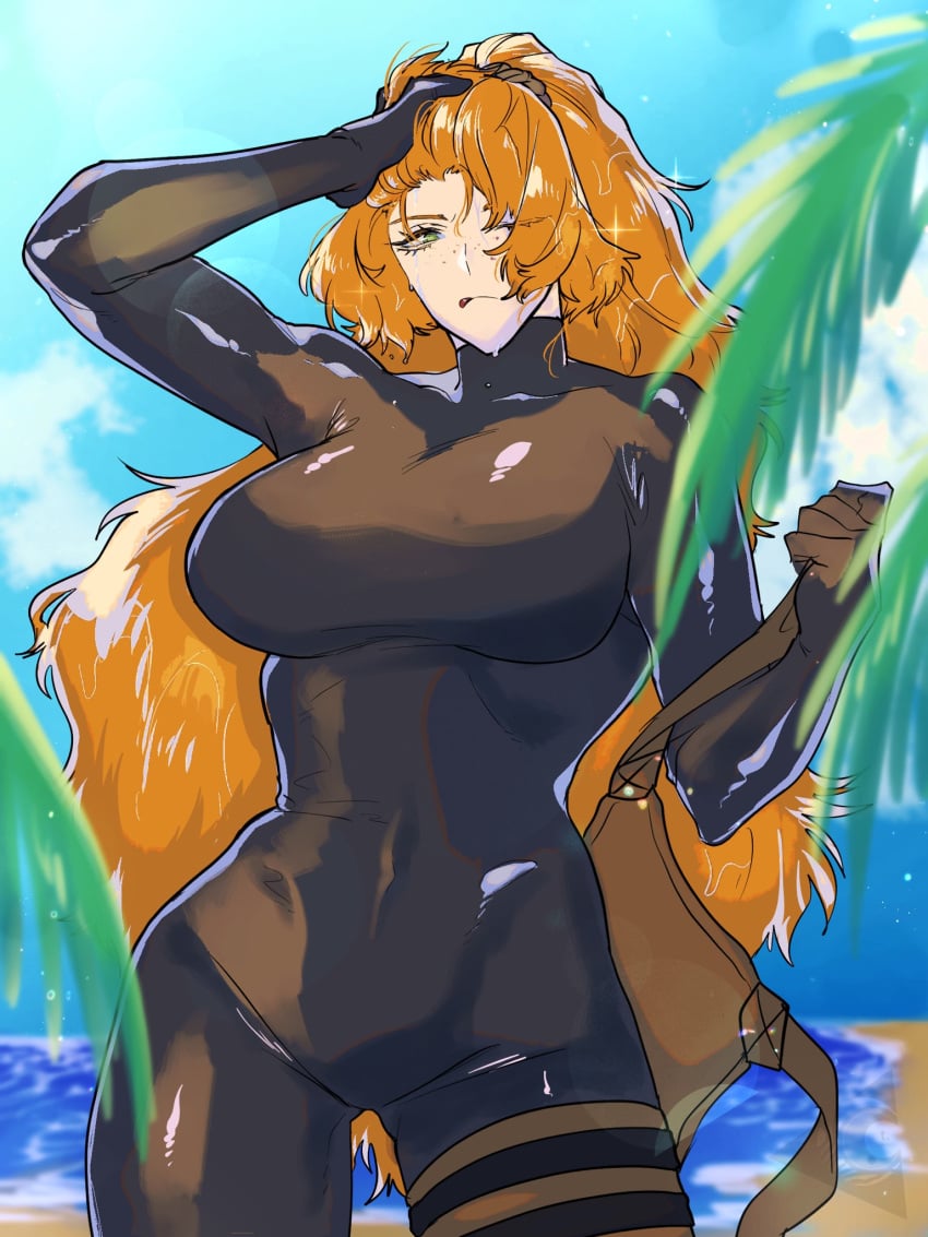 1girls artist_request beach big_breasts female fit_female freckles ginger ginger_hair green_eyes hourglass_figure ishmael_(limbus_company) large_breasts limbus_company long_hair mature_female orange_hair png ponytail project_moon rubber rubber_suit seaside slim_waist solo solo_female standing thick_thighs tied_hair very_long_hair wetsuit wide_hips