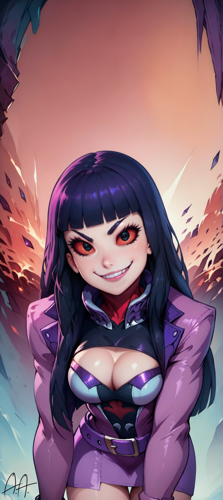 1girls ai_generated artificialanaleptic bangs belt black_hair black_iris blunt_bangs bodysuit breasts cleavage cleavage_cutout clothing clothing_cutout colored_sclera dress female female_only gengar grin jacket large_breasts leaning_forward lips long_hair long_sleeves looking_at_viewer pokemon_(game) pokemon_character purple_hair red_eyes red_sclera short_dress signature smile solo teeth thigh_gap