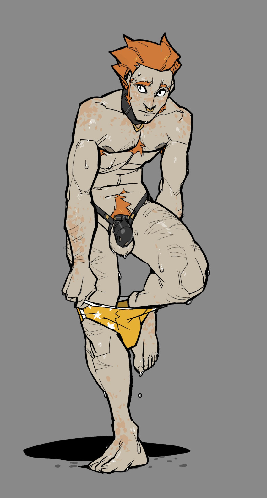 athletic athletic_male body_hair chastity_cage chastity_device collar green_skin grumpy_gray_guy male nose_ring orange_hair putting_clothes_on solo_male submissive_male wet_body