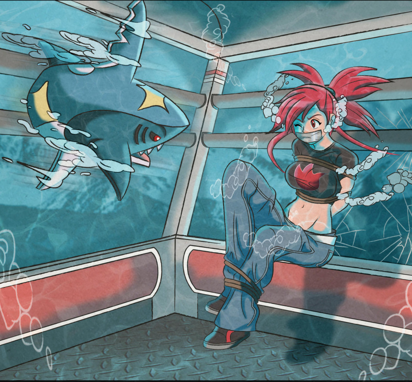 arms_tied_behind_back asphyxiation bondage bound_ankles bubbles drowning flannery_(pokemon) gag gagged iscreamman001 one_eye_closed peril pokémon_(species) pokemon red_eyes red_hair sharpedo tape_gag underwater