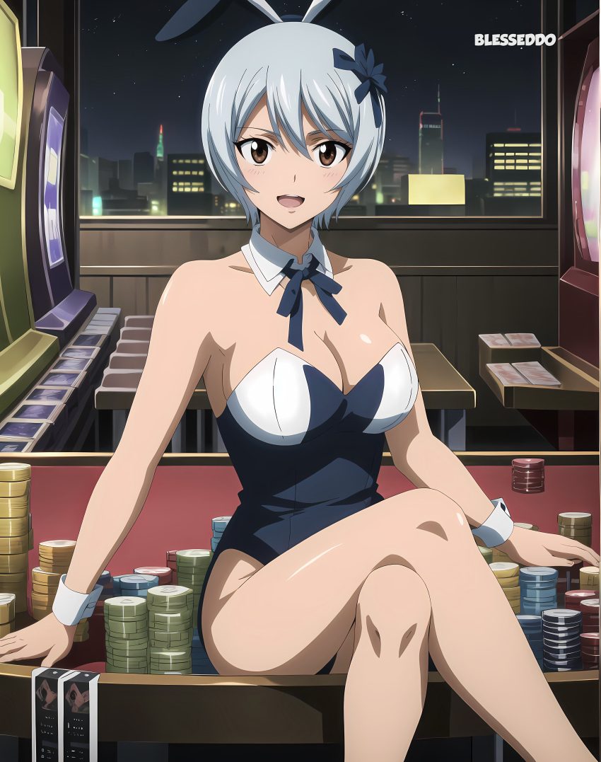 1girls ai_generated blesseddo boob_window cleavage fairy_tail grey_hair leotard looking_at_viewer short_hair solo tagme white_hair yukino_aguria