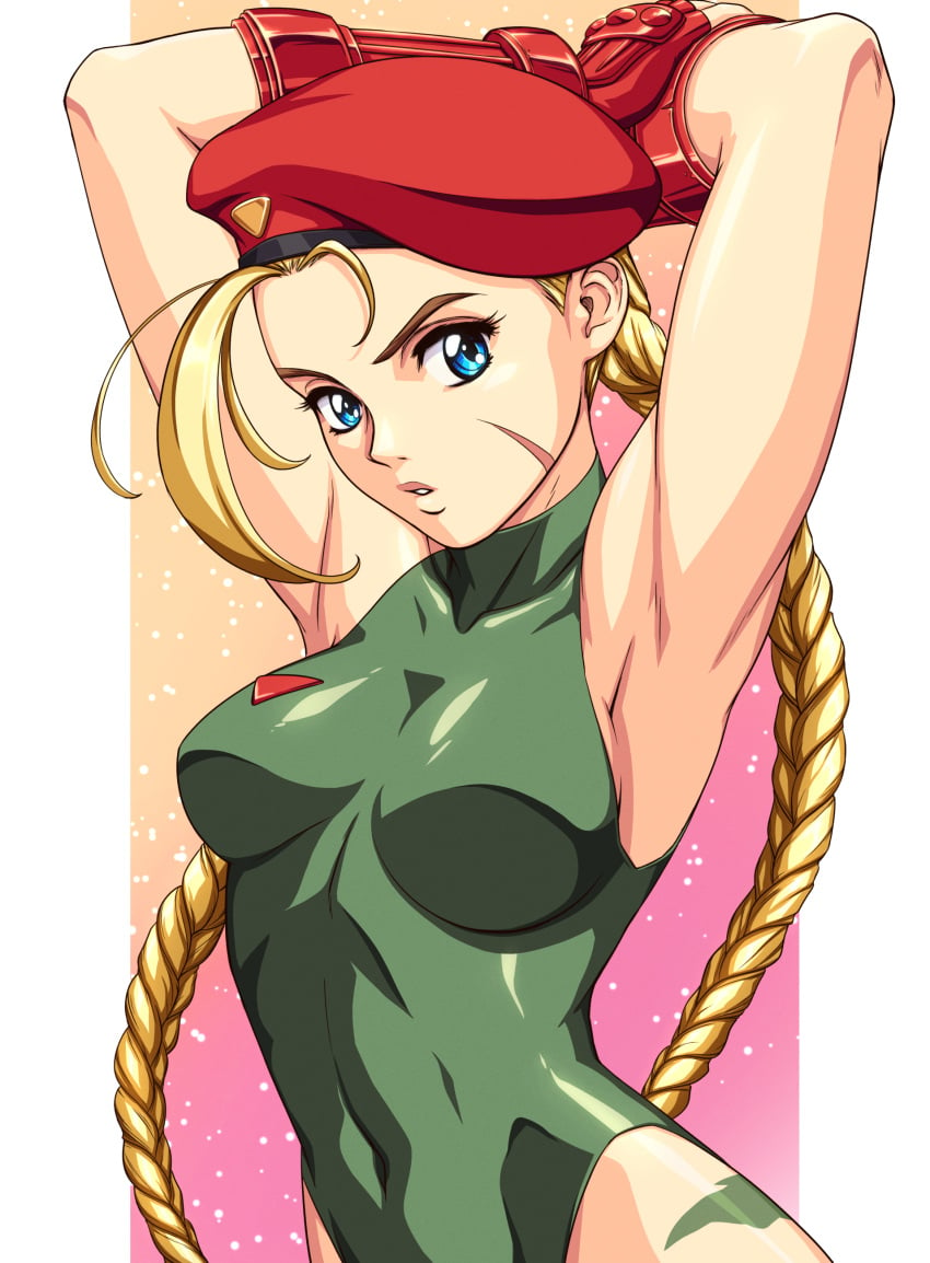 1990s_(style) absurdres arms_behind_head arms_up blonde_hair blue_eyes braid breasts cammy_white closed_mouth female fingerless_gloves gloves green_leotard highres large_breasts leotard looking_at_viewer red_gloves red_headwear retro_artstyle sirknightbot solo street_fighter street_fighter_6 twin_braids twintails upper_body