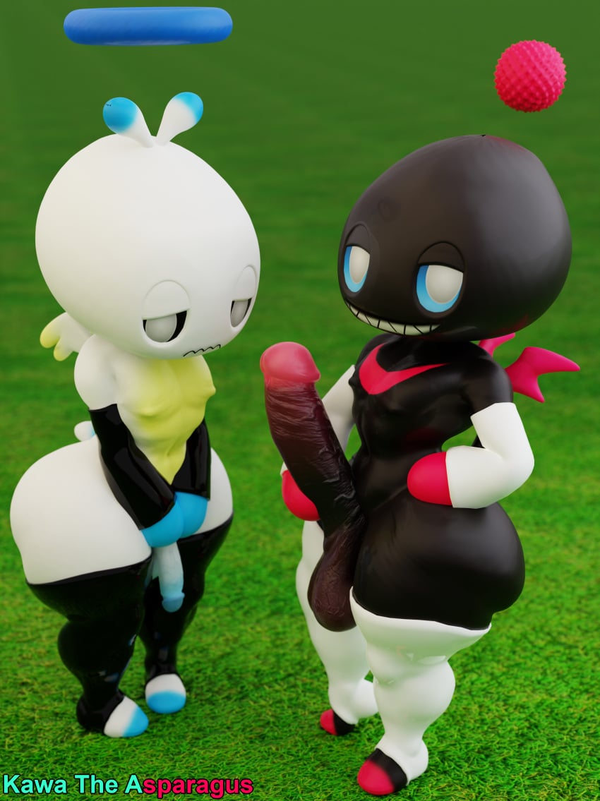 3d_(artwork) absurd_res armwear ass balls big_balls big_butt big_penis black_body chao_(sonic) clothing dark_chao digital_media_(artwork) duo embarrassed english_text erection footwear genitals gloves halo handwear hero_chao hi_res huge_balls huge_cock humanoid humanoid_genitalia humanoid_penis kawa_the_asparagus legwear looking_at_viewer male multicolored_body multicolored_penis nipples non-human non-human_only not_furry penis sega self_upload simple_background smile sonic_(series) sonic_the_hedgehog_(series) tail text thick_thighs toony_face two_tone_body white_body wings