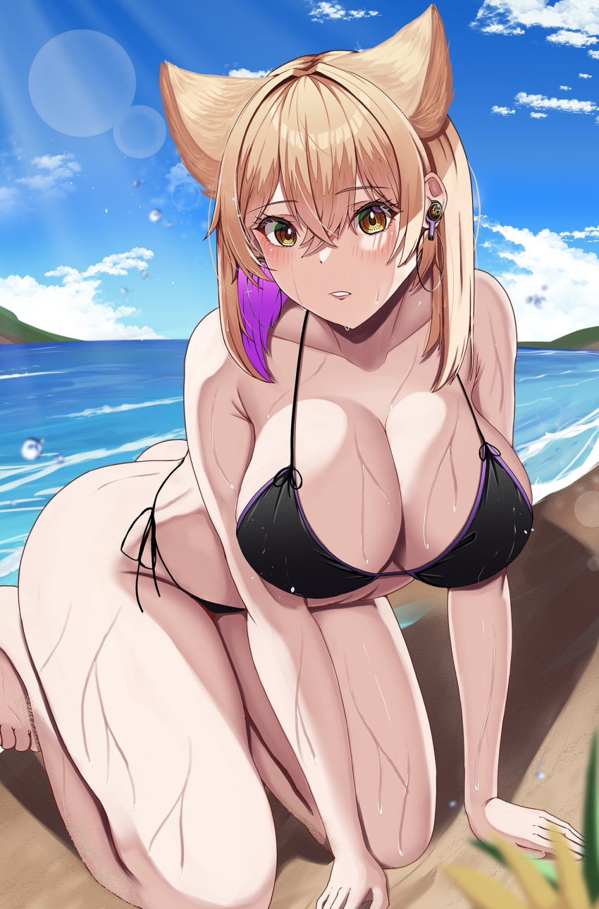 1girls 2d all_fours bare_shoulders barefoot beach big_ass big_breasts bikini blonde_hair blush breasts breasts_focus cleavage day earbuds earrings female gradient_hair hair_ears hips hossy looking_at_viewer on_knees outdoors purple_hair short_hair sideass solo source thick_thighs thighs touhou toyosatomimi_no_miko wet wide_hips yellow_eyes