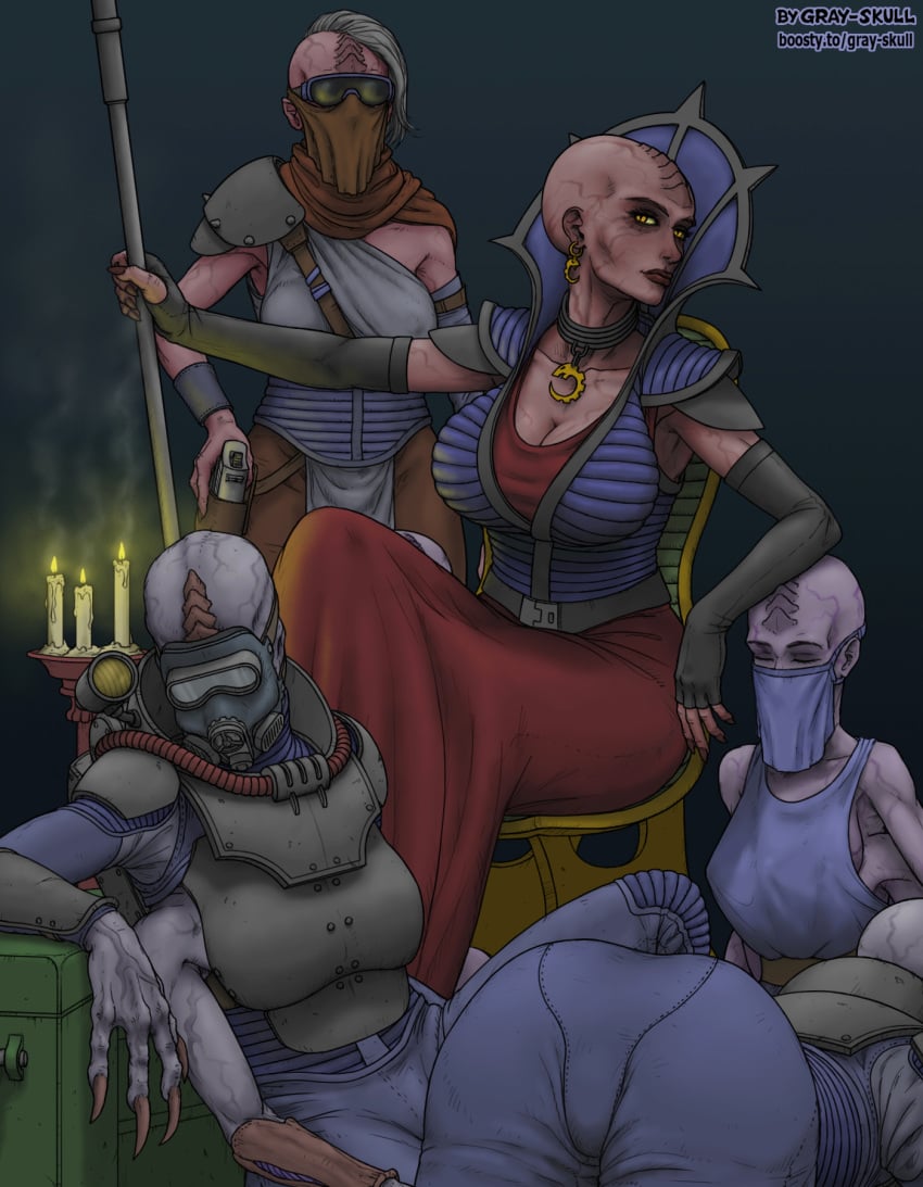 5girls alien alien_girl bald_female cleavage clothed female_focus female_only genestealer genestealer_magus gray_skull monster monster_girl multiple_girls mutant nightmare_waifu staff tyranid warhammer_(franchise) warhammer_40k