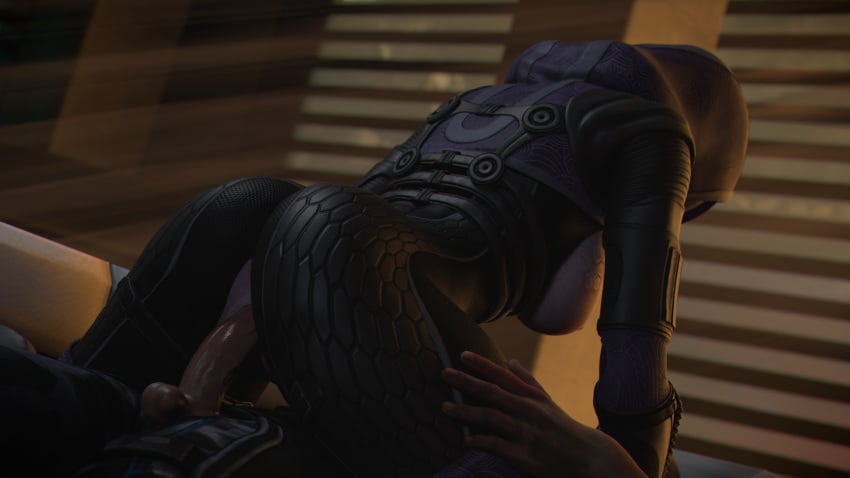 1boy 1girls 3d athletic_female commander_shepard cowgirl_position facelesstrigger female light-skinned_male male mass_effect partially_clothed purple_skin quarian sex suit tali'zorah_nar_rayya thick_thighs tight_clothing vaginal_penetration wide_hips