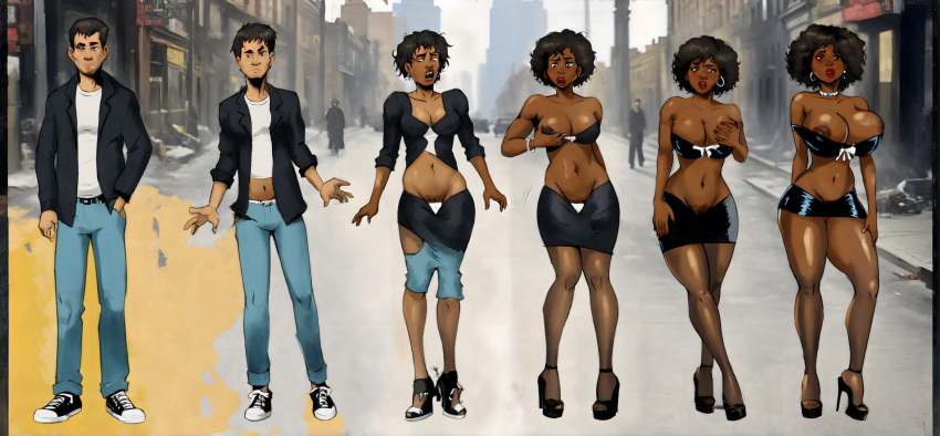 1boy 1girls ai_generated ass_expansion bimbo bimbo_body bimbofication bimbofied breast_expansion dark-skinned_female ebonization female gender_transformation hair_growth high_heels huge_ass huge_breasts lip_expansion mtf_transformation nebtfulous nipples race_swap thick_thighs thigh_expansion transformation wide_hips