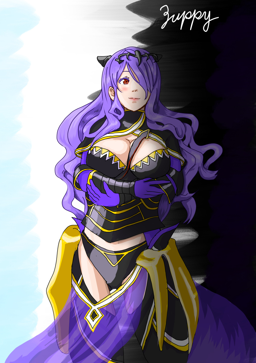 1girls arms_under_breasts ass_visible_through_thighs bare_thighs black_panties boots breasts camilla_(fire_emblem) cleavage crossed_arms female female_only fire_emblem fire_emblem_fates gloves horns inner_thighs large_breasts long_hair nintendo panties pelvic_curtain purple_hair red_eyes see-through smile solo standing thigh_boots thighs very_long_hair zuppy