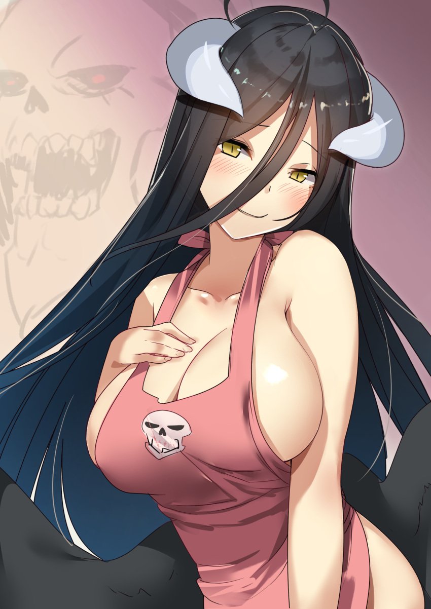 albedo_(overlord) apron apron_only black_hair black_wings blush breasts cleavage demon_girl demon_horns female highres horns large_breasts long_hair looking_at_viewer naked_apron no_bra oppai overlord_(maruyama) sideboob smile solo wings yamacchi yellow_eyes