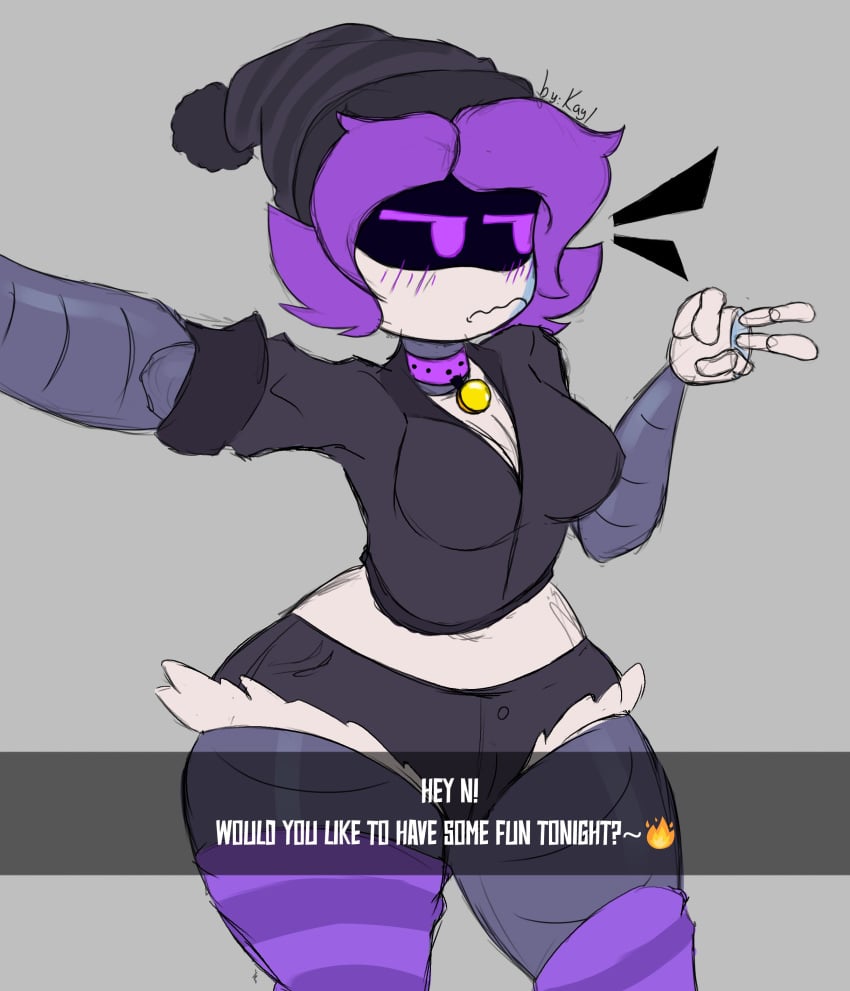 alternate_version_available ass big_ass big_thighs blush breasts clothed collar dialogue dialogue_box drone female female_only huge_ass huge_thighs kayl medium_breasts murder_drones purple_eyes purple_hair robot robot_girl solo tagme teasing text thick_hips thick_thighs thighs uzi_(murder_drones)