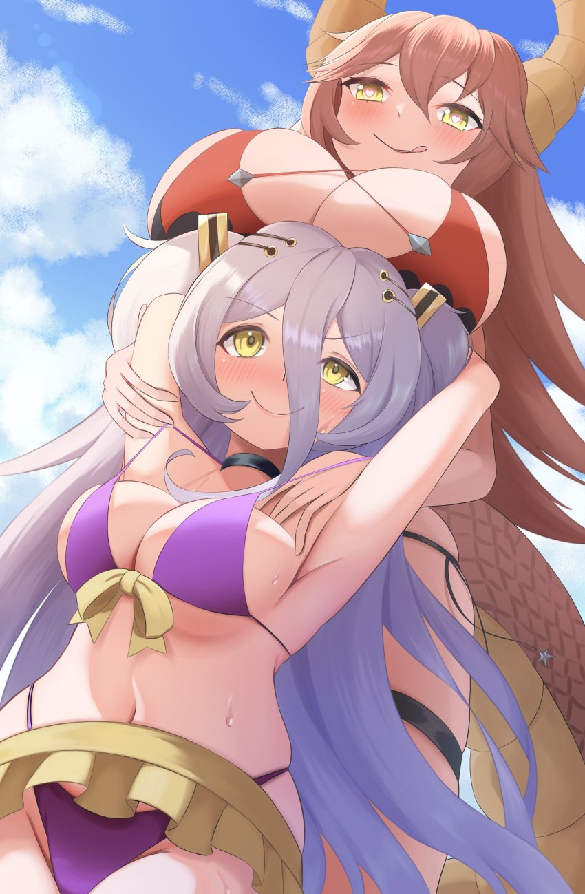 2d 2d_(artwork) 2girls belly_button big_breasts bikini blue_hair blush bra clouds day female female_focus front_view heart-shaped_pupils height_difference henya_the_genius high_resolution highres horns huge_breasts light-skinned_female light_skin long_hair looking_at_another looking_down looking_up low-angle_view mature mature_female outdoors purple_bikini red_bikini red_hair sky smiling smiling_at_another standing suggestive suggestive_look summer swimsuit thong thong_bikini two_piece_swimsuit two_tone_hair virtual_youtuber voluptuous voluptuous_female vshojo vtuber vtuberfanart white_hair yellow_eyes young younger_female zentreya