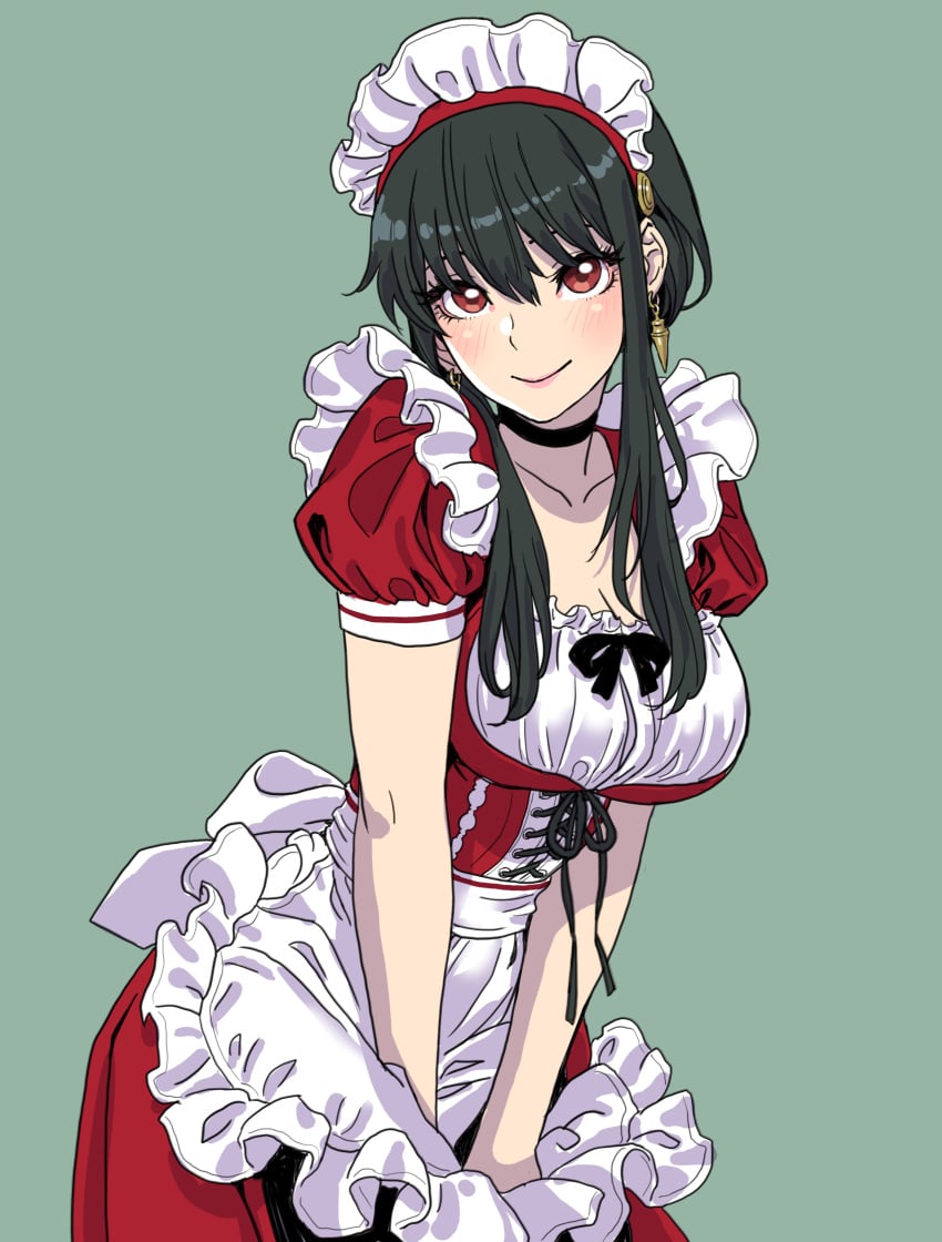 1girls apron black_hair breasts choker dress earrings hairbun large_breasts looking_at_viewer maid maid_apron maid_headdress maid_uniform milf red_dress red_eyes spy_x_family yamashita_shun'ya yor_briar yor_forger