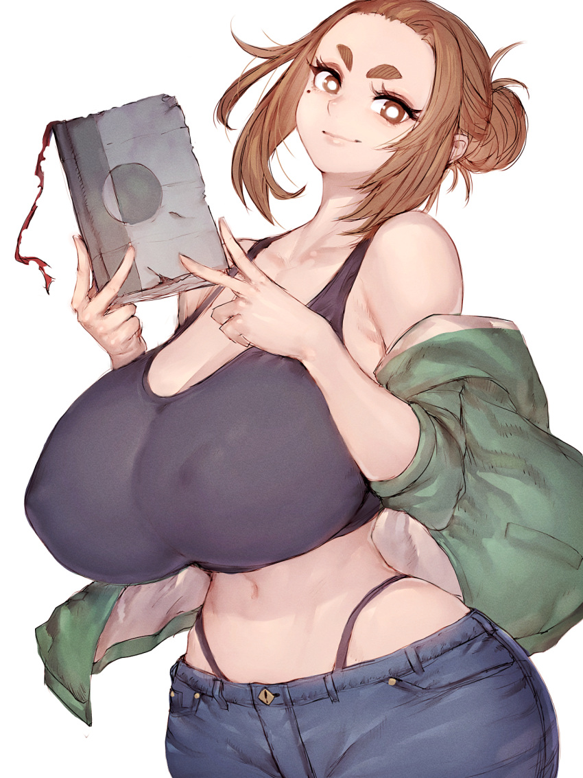 1girls big_breasts breasts brown_eyes brown_hair cleavage colored female female_only fumio_(rsqkr) huge_breasts kaii_to_otome_to_kamikakushi light-skinned_female light_skin looking_at_viewer mole mole_under_eye solo sumireko_ogawa white_background wide_hips