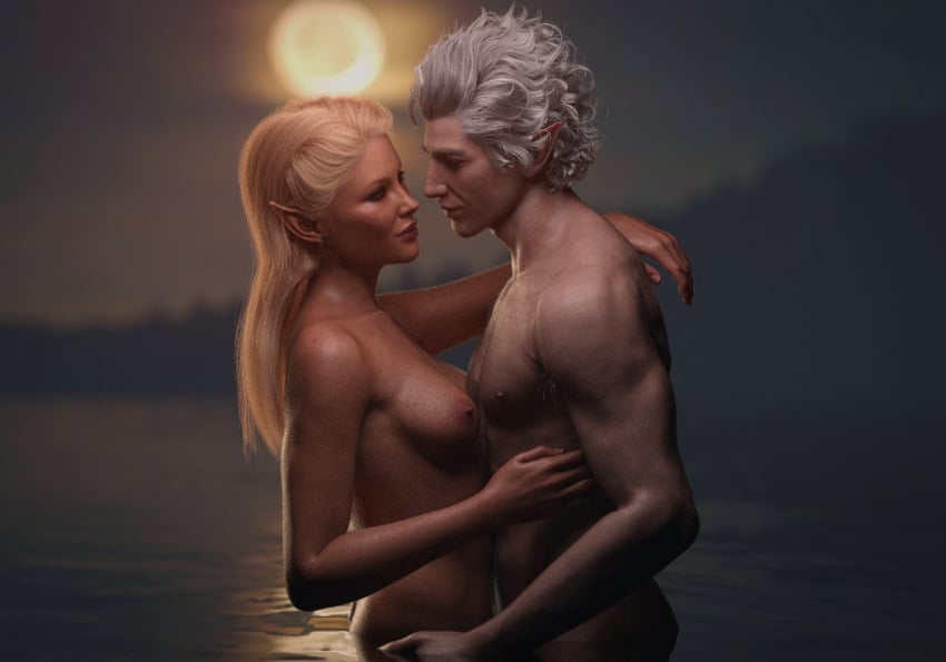 3d 3d_(artwork) 3d_model astarion baldur's_gate baldur's_gate_3 blonde_hair commission commission_art elf elf_ears elf_female elf_girl elf_male elves eye_contact female female_focus heterosexual in_love intimacy looking_at_each_other mahtsazizi male male/female moon moonlight naked naked_female naked_male nude nude_female nude_male romance romantic romantic_ambiance romantic_couple romantic_night straight tav_(baldur's_gate) vampire vampire_elf white_hair