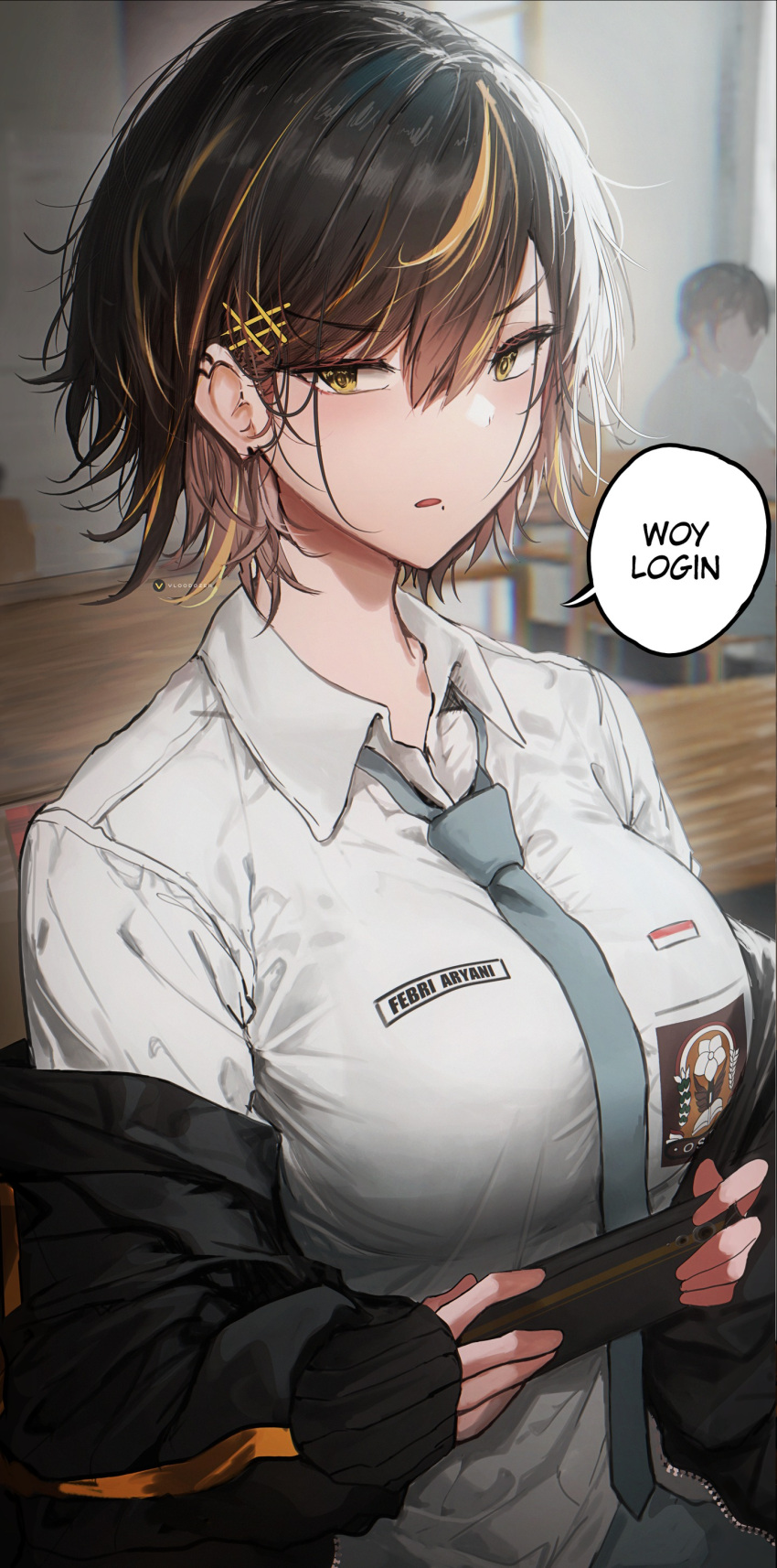 big_breasts black_hair blush ear_piercing febri_aryani_(vloodozer) looking_at_viewer oc open_jacket original original_character short_hair tie tight_clothing two_tone_hair vloodozer workplace yellow_eyes yellow_hair