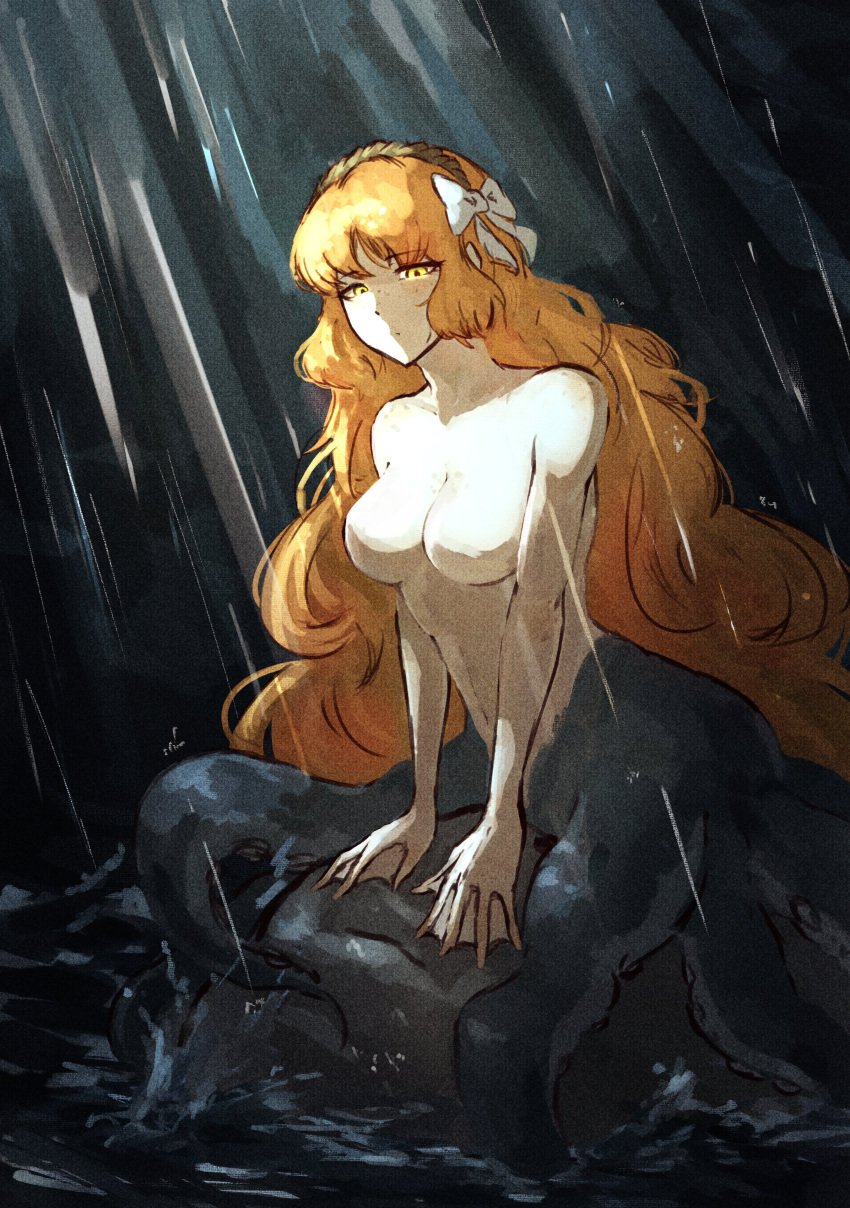 1girls anthro female_only freckles ginger ginger_hair green_eyes hair_ornament hairband humanoid ishmael_(limbus_company) limbus_company long_hair looking_at_viewer nude ocean orange_hair project_moon rain sea solo standing very_long_hair