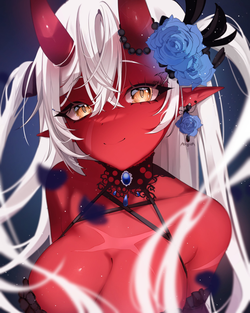 akumi female horns oni oni_horns red_skin scars virtual_youtuber vyugen white_hair yellow_eyes