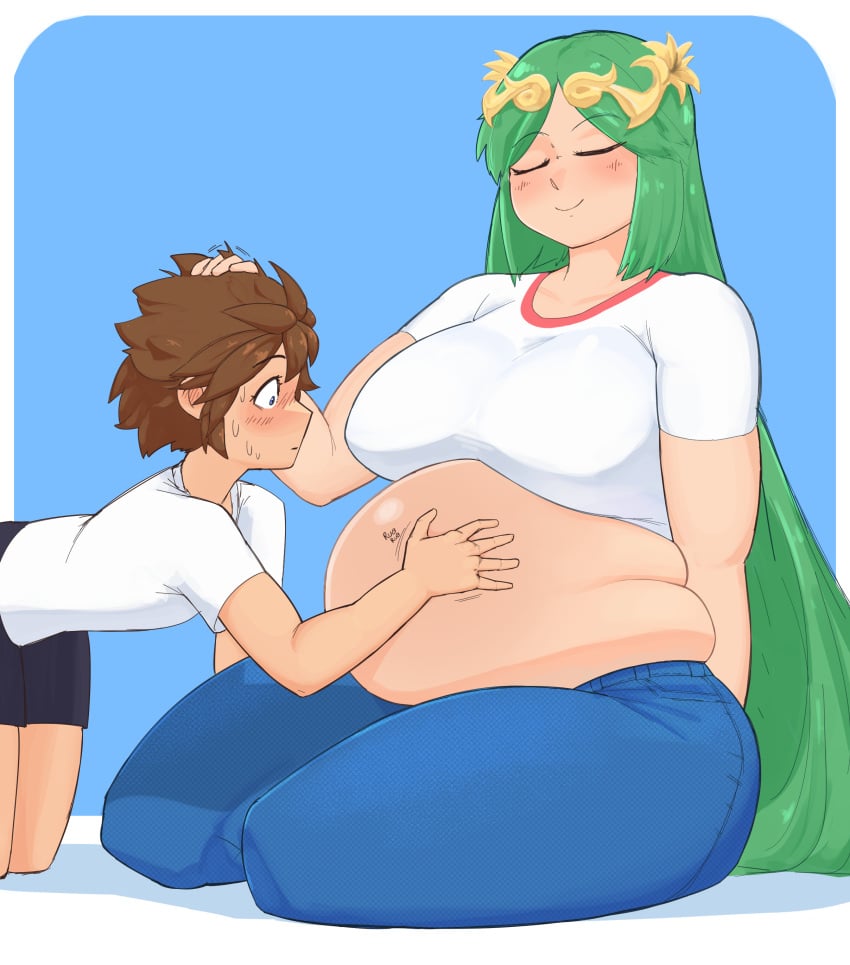 1boy 1girls 2022 belly belly_rub big_belly breasts brown_hair chubby chubby_female closed_eyes female green_hair head_pat hi_res high_resolution highres kid_icarus kid_icarus_uprising long_hair male nintendo palutena pit pit_(kid_icarus) rubbing_belly rubbing_head short_hair sweat sweatdrop takamoom wholesome