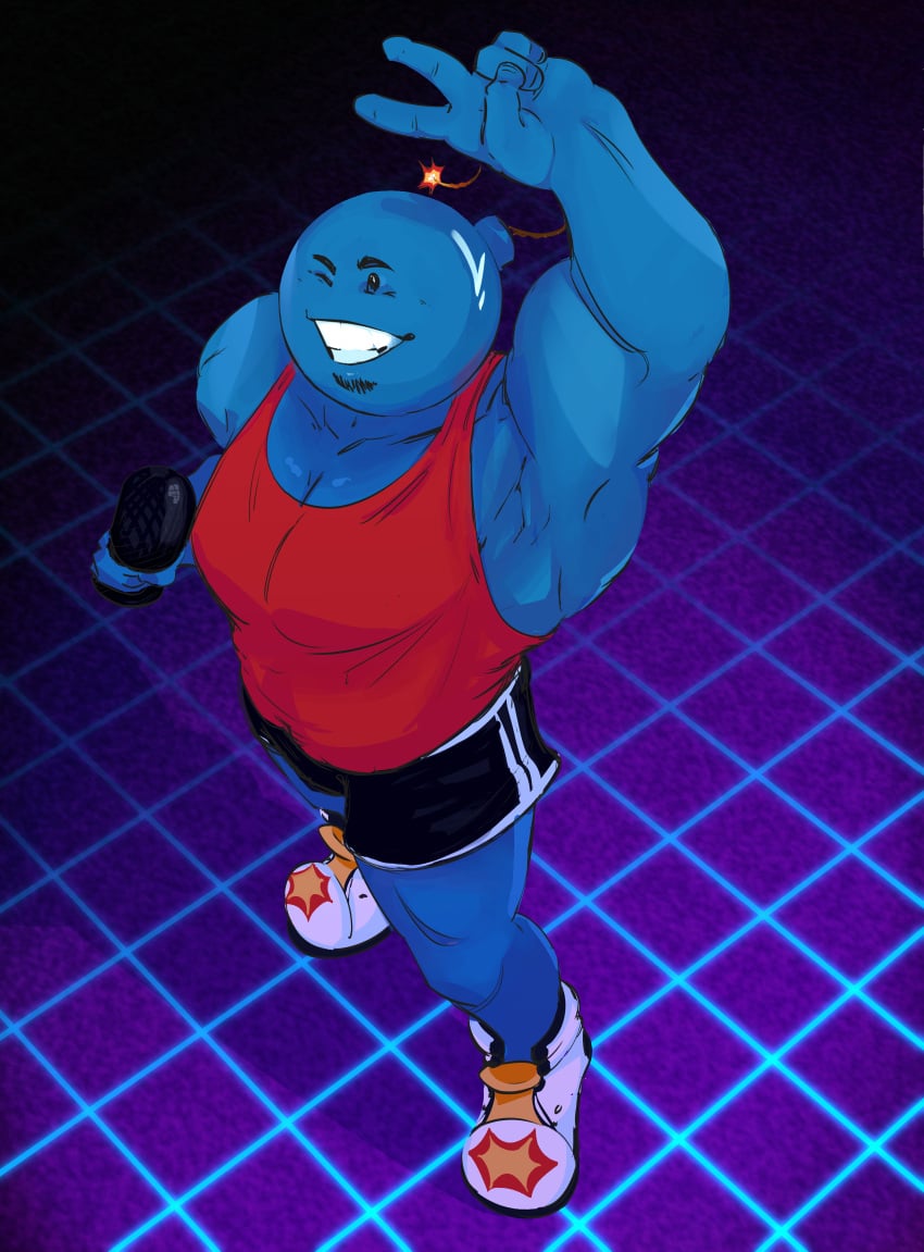 1boy armpits athletic bara bara_tits beard_stubble blue_skin color colored fully_clothed getgianni gianni_matragrano male male_only microphone muscle_tone muscular muscular_male no_sex peace_sign shorts sigmaslacefront smileybomb sneakers spaghetti_strap stubble vest virtual_youtuber vtuber