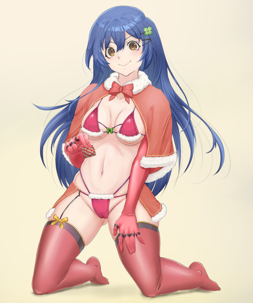 ass belly bikini blue_hair breasts brown_eyes christmas_outfit date_a_live female female_only fully_clothed itsuka_shiori light-skinned_female long_hair revealing_clothes santa_costume skimpy_clothes socks solo solo_female stockings