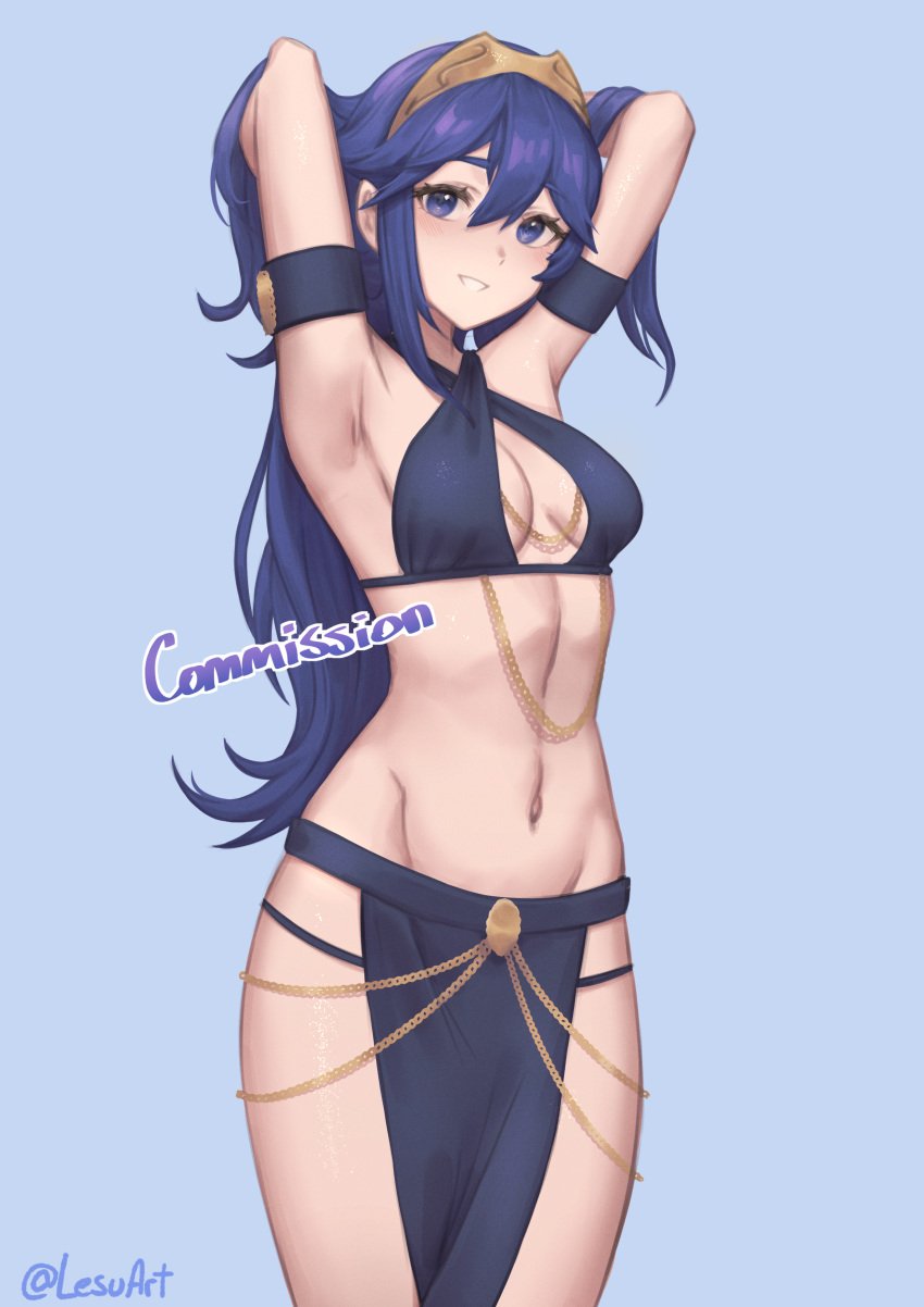 1girls absurdres alternate_costume bare_shoulders blue_eyes blue_hair breasts criss-cross_halter female female female_only fire_emblem fire_emblem_awakening gloves hair_between_eyes halterneck highres lesu long_hair looking_at_viewer lucina_(fire_emblem) meme_attire navel nintendo open_mouth pelvic_curtain smile solo stomach thighs tiara yomorio_lingerie