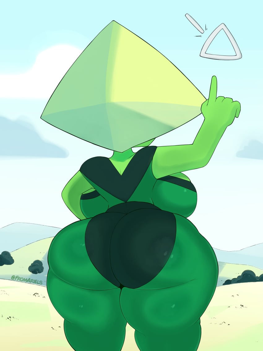 1girls ass ass_focus backboob big_ass big_breasts breasts cartoon_network clothing female female_only fromariels gem_(species) green_body green_skin huge_ass huge_breasts hyper hyper_ass hyper_breasts no_bra peridot_(steven_universe) shortstack solo solo_female steven_universe thick_thighs wide_hips