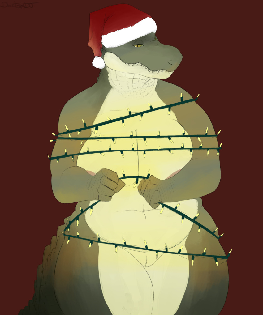 2018 alligator alligatorid anthro bedroom_eyes big_breasts bound breasts christmas clothing crocodilian doctordj female half-closed_eyes hat headgear headwear hi_res holidays olivia_(doctordj) pussy reptile scalie seductive sharp_teeth simple_background smile solo teeth