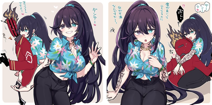 1girls annoyed big_breasts blush clothing dante_(limbus_company) edit heterochromia hong_lu hong_lu_(limbus_company) hug limbus_company long_hair looking_at_viewer ponytail project_moon rule_63 shirt smile sweat tattoo tattoos violet_hair