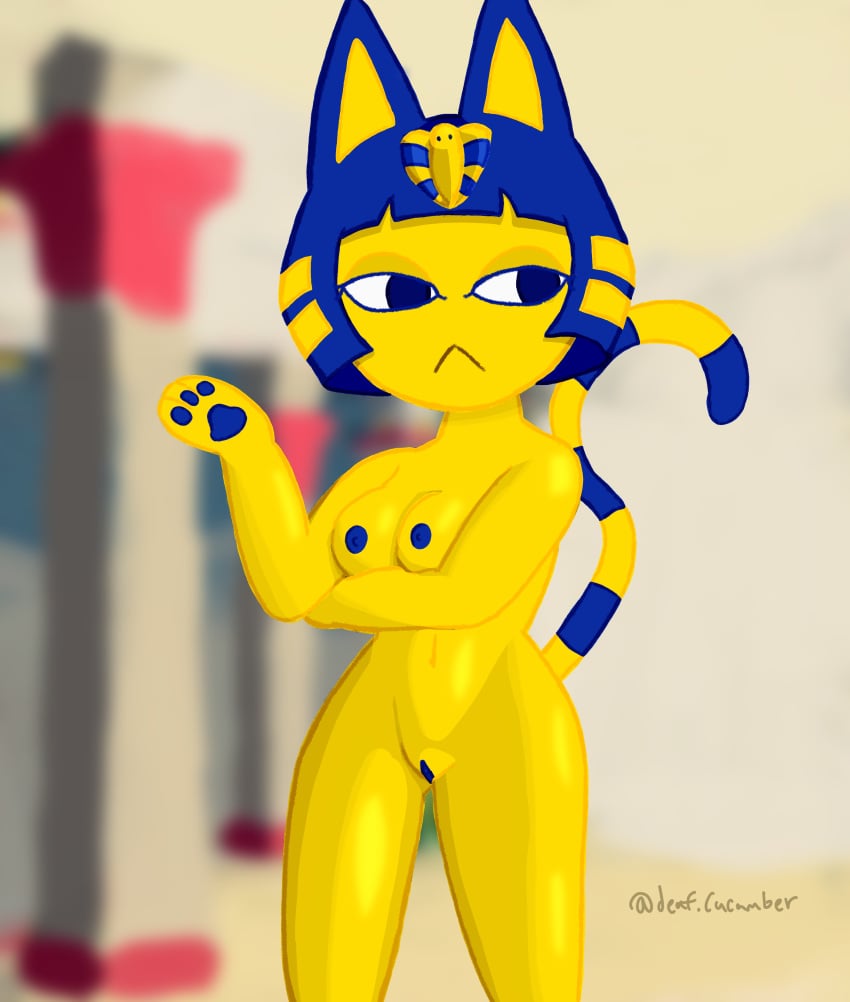 absurd_res animal_crossing ankha ankha_(animal_crossing) blue_nipples blue_pussy bored breasts clothing deafcucumber egyptian egyptian_clothing egyptian_headdress felid feline_ears feline_tail female genitals hi_res humanoid looking_away mammal nintendo nipples nude nude_female paws pussy solo