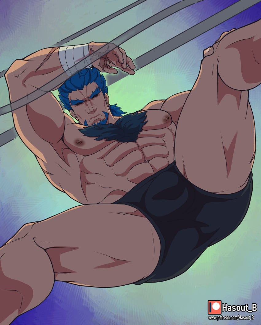 1boy abs armpits bandaged_wrist bara bara_tits beard blue_hair bucchigiri?! bulge chest_hair facial_hair from_below hairless_armpits hasout_b hi_res kenchiro_douman large_pectorals male male_only male_underwear muscular muscular_arms muscular_male nipples pecs pectorals ponytail scars solo thick_chest_hair thick_eyebrows thighs underwear_only