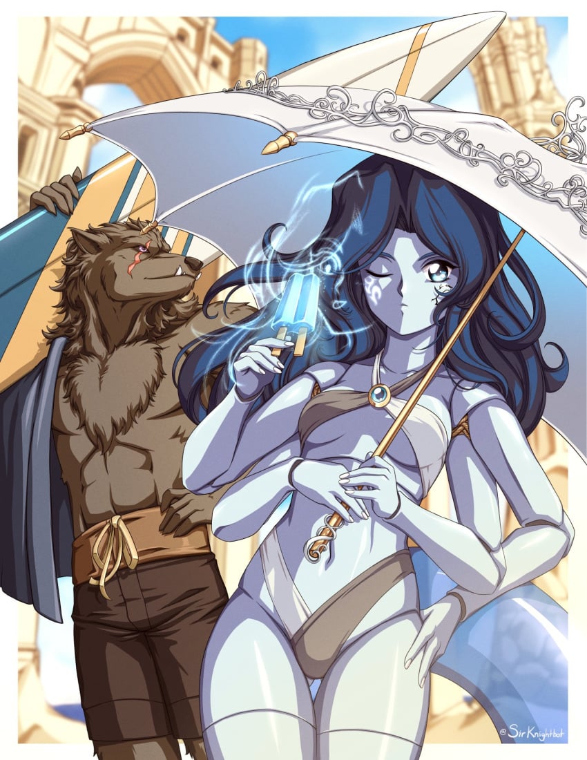 1990s_(style) abs arch artist_name black_shorts blaidd_the_half-wolf blue_hair blue_sky breasts cleavage commentary cracked_skin doll elden_ring english_commentary fangs food furry furry_male grey_fur halterneck highres holding holding_food holding_popsicle holding_surfboard holding_umbrella long_hair medium_breasts miniature_ranni multi_arm multi_face multi_limb navel one_eye_closed outdoors popsicle ranni_the_witch retro_artstyle scar scar_across_eye shorts sirknightbot sky sunlight surfboard umbrella