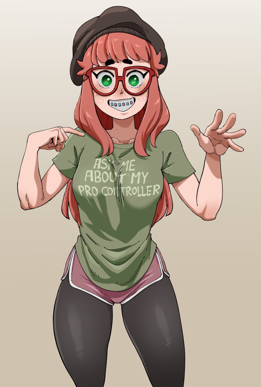 1girls beanie brown_pantyhose clavicle cosmica_(nuclearwasabi) eyelashes freckles gamer_girl glasses green_eyes happy legwear long_hair looking_at_viewer nuclearwasabi pantyhose pointing_at_self red_glasses red_hair shorts text